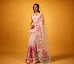 Hand-Painted Blush Pink Organza Saree with Floral Artwork